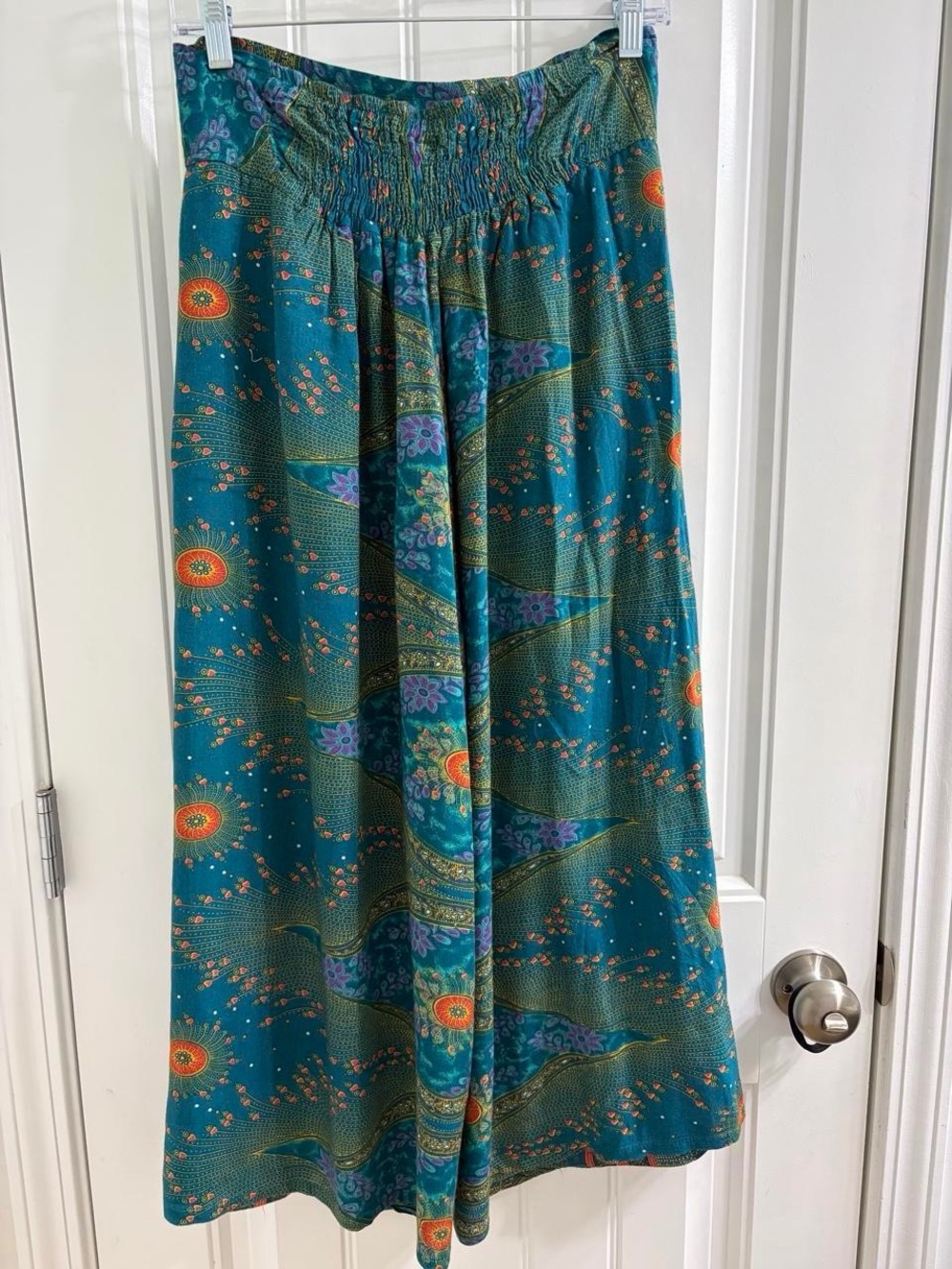 Three Cranes Gallery Women's Teal Printed Split-Leg Palazzo Pants S/M Boho Artsy - Picture 4 of 8
